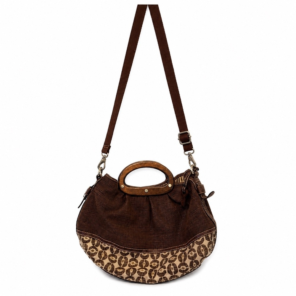 Fossil Brown Woven Canvas Hobo Bag Wood Handle Crossbody Leopard Print Accent